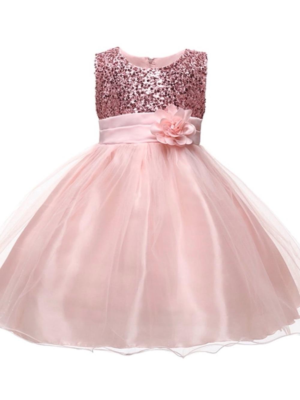 Pink Sequin Bodice Tulle Flower Waist Girls' Dress